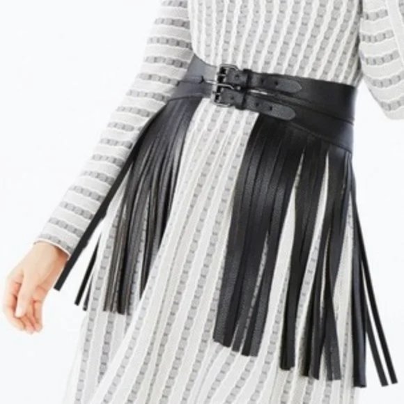 ๐ฅCHIC & SEXY๐ฅ Black Snake Embossed Leather Fringe Skirt Contour Waist Belt - Picture 5 of 15